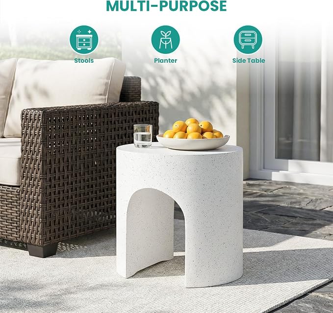 SUNBURY Outdoor Side Table, 16" W Concrete End Table w Arch Shape, Round Cement Accent Table Lightweight for Patio, Modern Decorative Garden Stool for Patio, Backyard, Spotted White