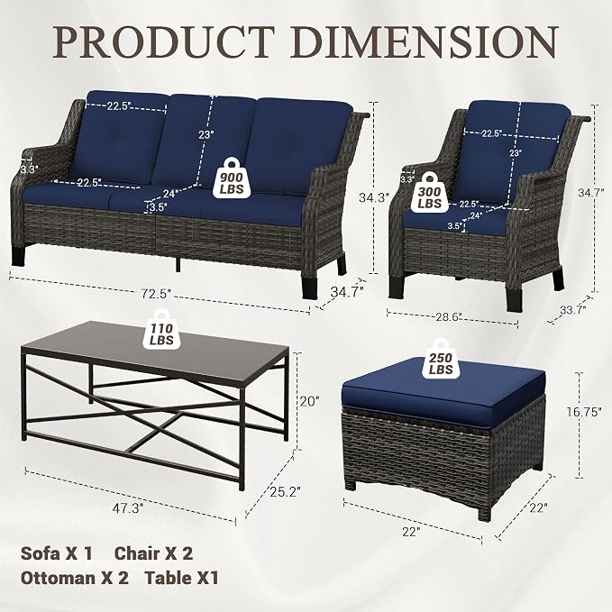 6 Pieces Patio Furniture Set, Outdoor Furniture Set with 2 Patio Chairs, 2 Ottoman, 1 Outdoor Wicker Sofa, 1 Metal Table, Ideal for Backyard, Garden, Poolside, Blue