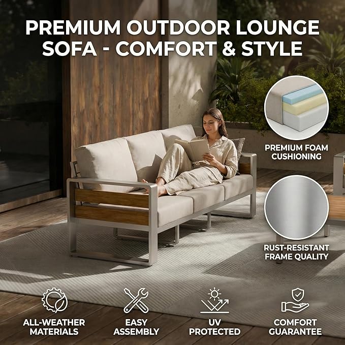 ZANDOR Aluminum Outdoor Patio Furniture Set with Table,5 Seat, Silver | Rustproof,High weight capacity,Water-repellent,Washable Cover,All-Weather Resistant,Easy clean,for Poolside Backyard Deck