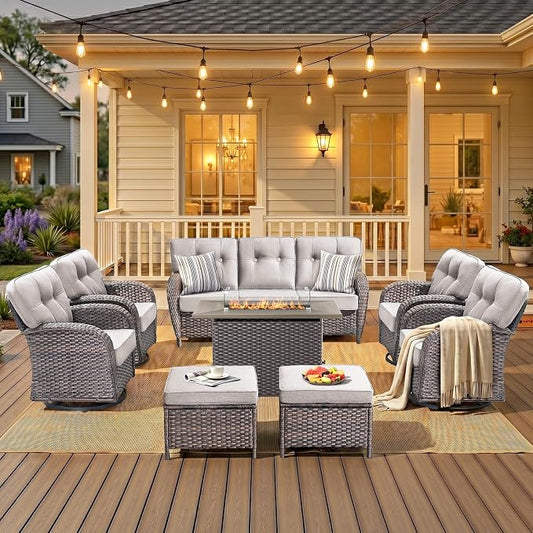 8 Piece Outdoor Patio Furniture Set with Fire Pit Table,Conversation Sectional Wicker Couch with Swivel Chairs,Modern Outside Sofa for Balcony Backyard, Brown/Beige