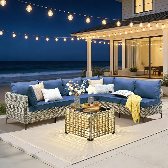 7 Pieces Patio Furniture Set with Solar Light Coffee Table, All-Weather Rattan Outdoor Sectional Conversation Sets L Shaped Sofas with Thick Cushions for Porch Balcony Backyard Denim Blue