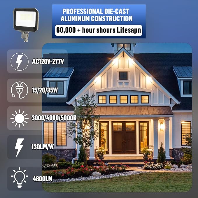 LED Flood Lights Outdoor 15/20/35W and 3000/4000/5000K Adjustable 3900Lm,Dusk-to-Dawn Sensor o Dawn Flood Light for Yard, Garage, Garden,UL Listed, Includes Knuckle Mount UL Listed