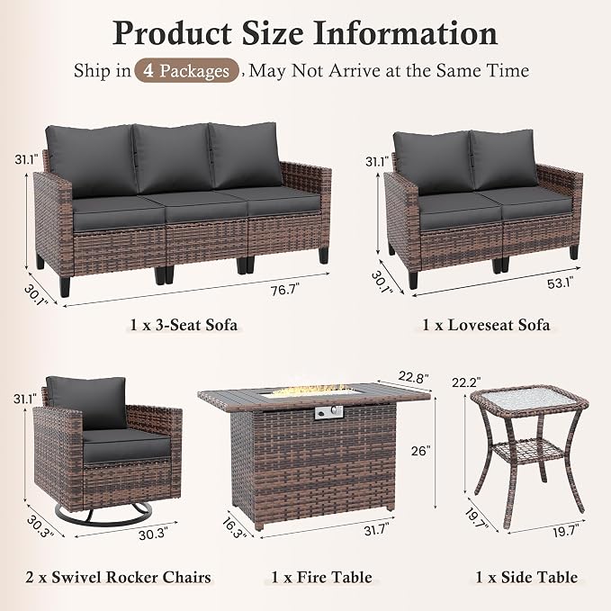 Amopatio Patio Furniture Set with Fire Pit Table, Wicker Outdoor Sectional Sofa with Swivel Rocker Chairs, All-Weather Rattan Conversation Set, Waterproof Cover for Backyard, Deck Brown/Grey 6 PCS