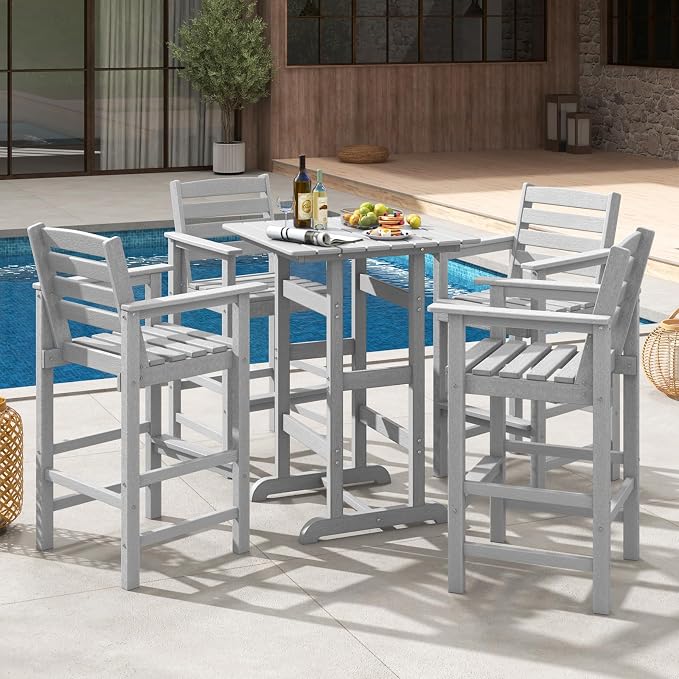 Giantex 42" Height Outdoor Tall Bar Table, HDPE Square Pub Tables with Wood Grains, High Top, Cocktail Bistro Table for Adirondack Chairs, Patio, Garden, Poolside, Yard, Balcony, Grey