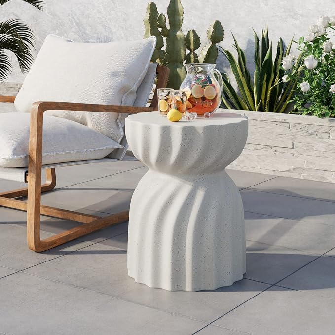 COSIEST Set of 2 Outdoor Side Table, 19" Concrete Contemporary Lightweight Side Table,Patio End Accent Table, Modern Stool Table for Livingroom,Garden,Patio,Spotted White
