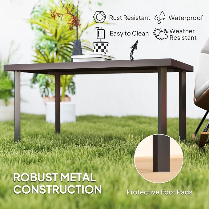Outsunny Metal Garden Coffee Table, Rectangular Outdoor Side Table with Woodgrain Tabletop, Foot Pads for Outside, Garden, Balcony, Porch, 95 x 55 x 46cm, Brown