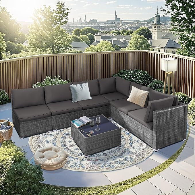 NOBLEMOOD 7 Pieces Patio Furniture Set, All Weather Outdoor Rattan Conversation Sectional Sofa Set with Cushion, Coffee Table for Porch Deck Garden