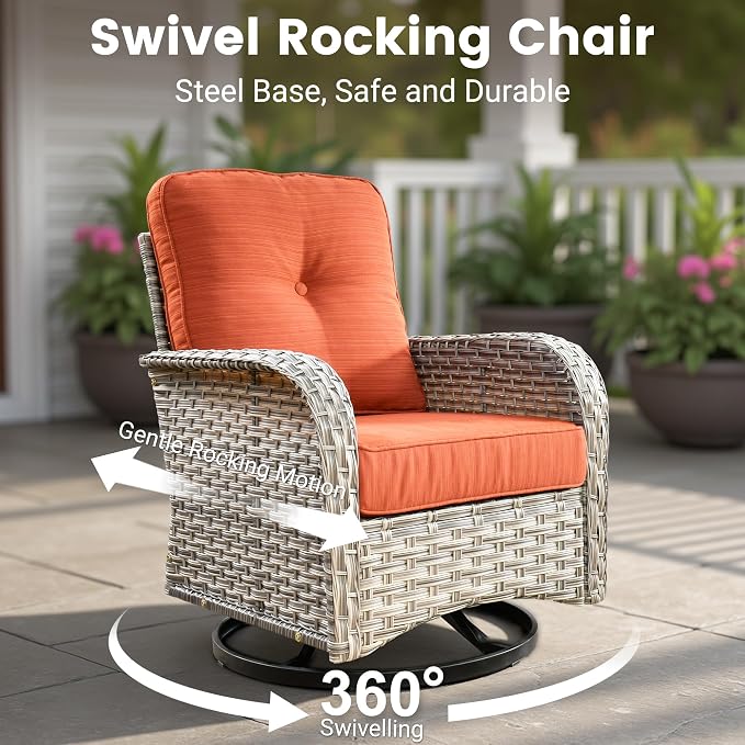 8 Pieces Wicker Patio Furniture Set,Outdoor Sectional Sofa with Swivel Chairs Coffee Table,Outside Deep Seat Rattan Couch Conversation Set,Orange Line
