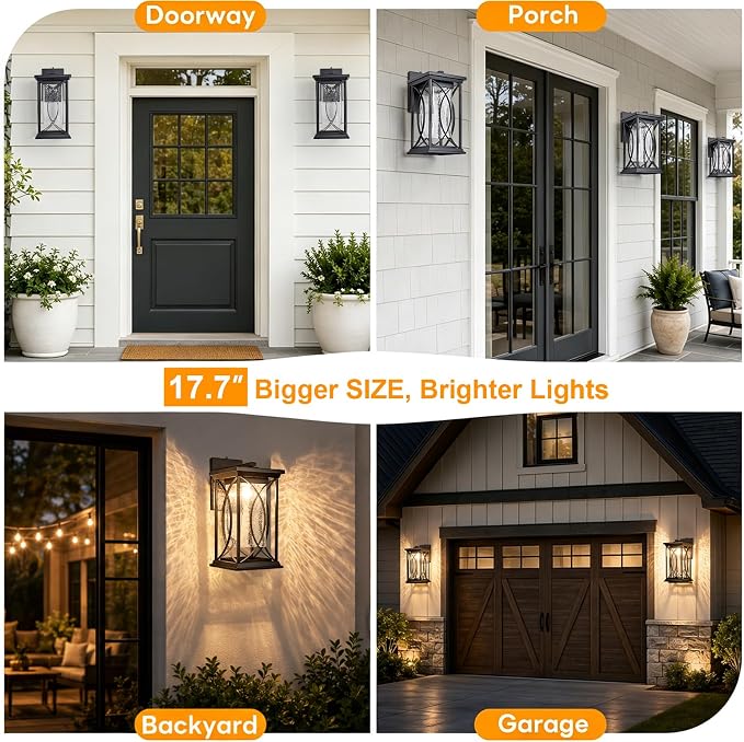 18" Extra Large Outdoor Sconce with photocell Sensor Coach Lantern Modern Large Exterior Light Fixture Waterproof Black Metal with Crack-Like Glass Dusk to Dawn Mission Outside Proch Light