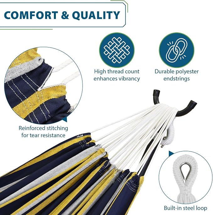 Vivere Double Cotton Hammock with Space Saving Steel Stand, Upgraded Polyester End Strings 450 lb Capacity - Premium Carry Bag Included - USA Grown Cotton (Serenity)