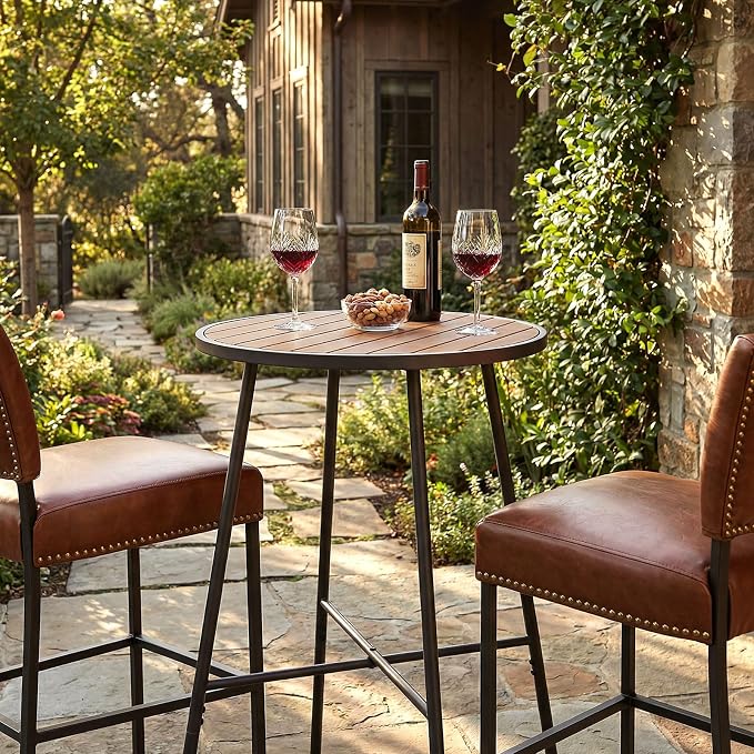 Giantex 41-inches Patio Bar Table, Acacia Wood Pub Table with Heavy-Duty Metal Frame, X-Shaped Support Bars, Adjustable Foot Pads, Round Cocktail Tables for Outdoor, Bistro, Balcony, Gathering