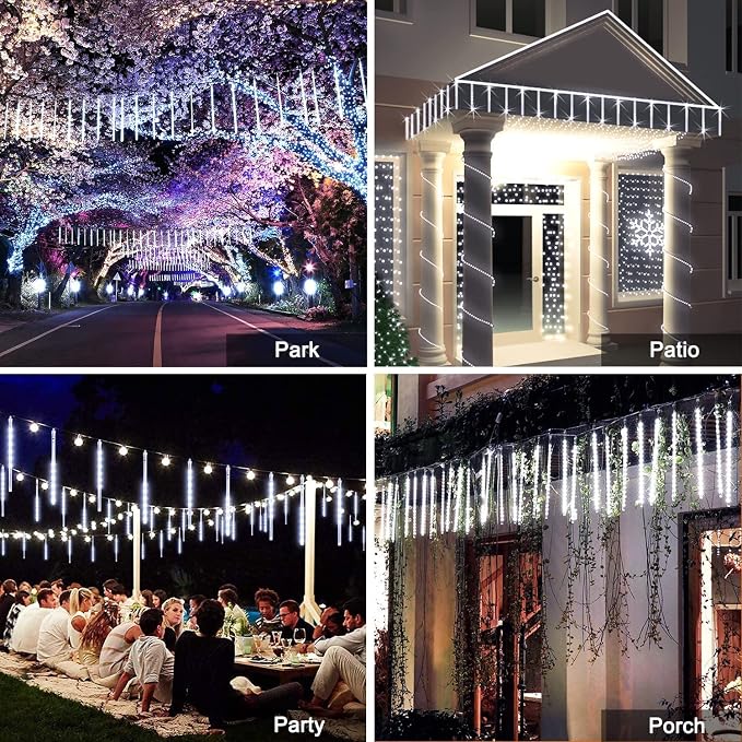 JMEXSUSS 2 Pack Solar Christmas Meteor Shower Lights, 16 Tube 288 LED | White Solar Christmas String Lights Outdoor Waterproof for Tree Patio Garden Wedding Party Decorations