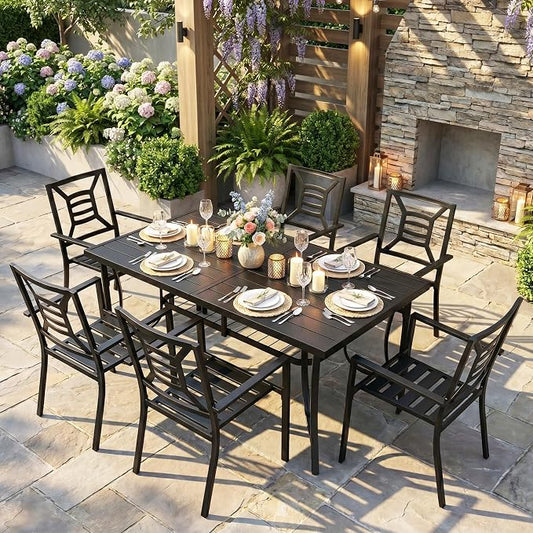 7 Piece Outdoor Patio Dining Sets, 60" Rectangular Metal Dining Table with Umbrella Hole & 6 Stackable Metal Chairs, Weather Resistant Garden Furniture Set for Backyard, Deck, Porch