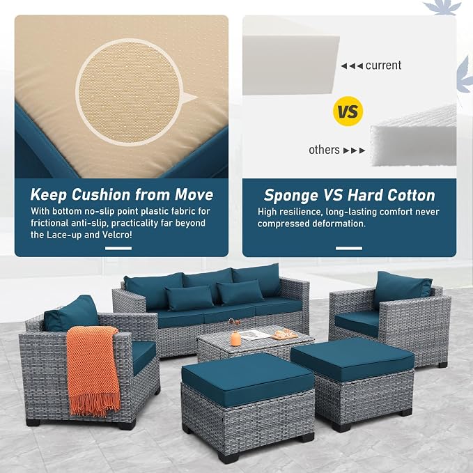 Lviden 6 Pieces Wicker Patio Furniture Sets Outdoor Conversation Set HDPE Rattan Sectional Sofa Couch with Storage Table and Non-Slip Cushions, Peacock Blue