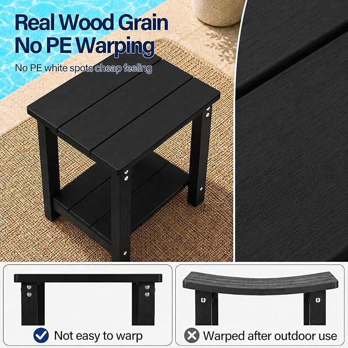 MXIMU Outdoor Side Table Set of 2: Heavy-Duty Sturdy Warp Resistant Adirondack Table - Wood Grain Finish Outdoor End Tables - Easy Assembly & Low Maintenance Patio Side Table Black