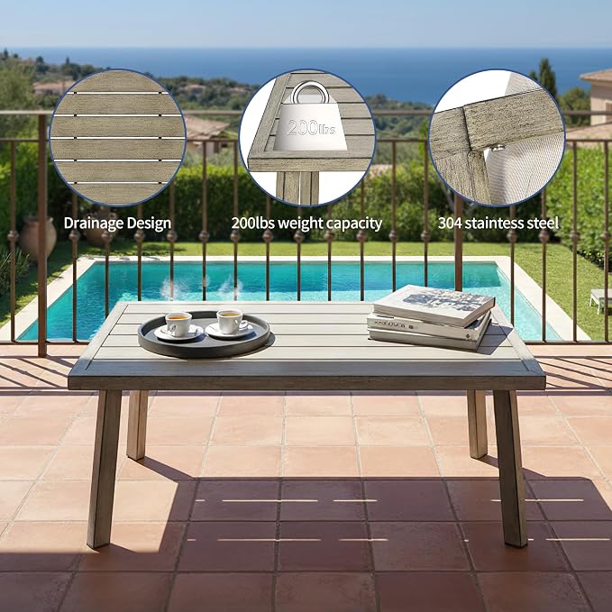 Outdoor Coffee Table, Never-Rust Aluminum Patio Table with Wood Grain Texture, Modern Rectangle Slatted Garden Side Table for Porch, Deck, Balcony, Indoor & Lawn (Taupe)