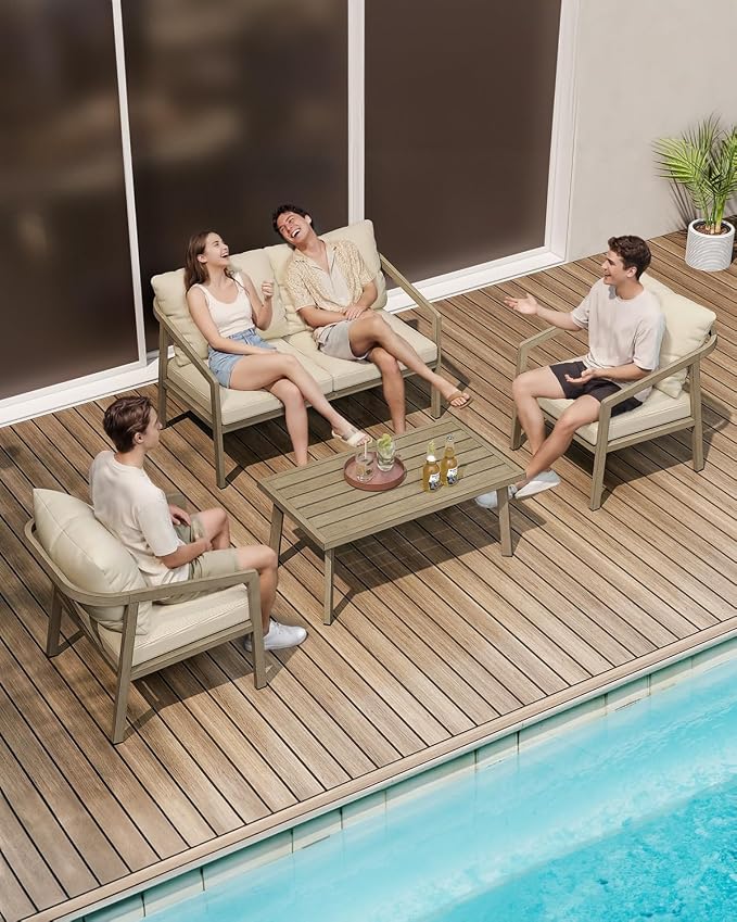 Outdoor Patio Loveseat, Never-Rust Aluminum Outdoor Loveseat Couch with Thick Cushions, Modern 2-Seater Patio Sofa Bench, Outdoor Sofa Loveseat Furniture for Poolside, Garden, Gray Oak