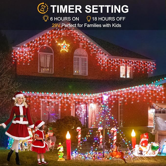 33ft Red and White Icicle Lights for Outside, 400 LED Christmas Lights | Clear Wire Connectable Twinkle Lights with 8 Modes Timer Waterproof for House Window Party Tree Holiday Patio Yard Home Decor