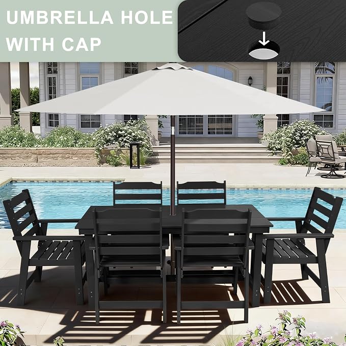 FUNBERRY Outdoor Dining Table, HDPE 6-Person Patio Table with Umbrella Hole | Wood-Grain, HDPE All Weather, No Rot or Rust or Crack, UV Fade Shield, 220LBS Weight Capacity, Easy-Clean for Outside