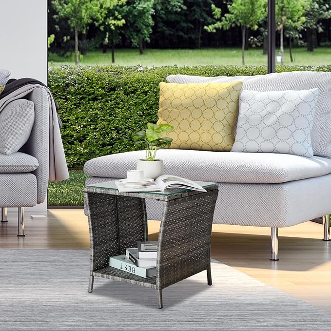 Outdoor Wicker Rattan Side Table, Square Rattan Coffee End Table Patio Wicker Table with Tempered Glass Top and Storage for Patio Garden Balcony (Gray)