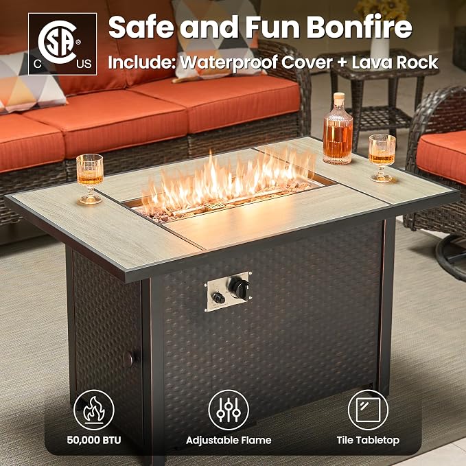 ovios 5-Piece Patio Furniture Set with Swivel Chairs Side Table, Outdoor Wicker Sofa with 42" Fire Pit Table, High Back Couch Modern Conversation Sets, Brown/Orange Red