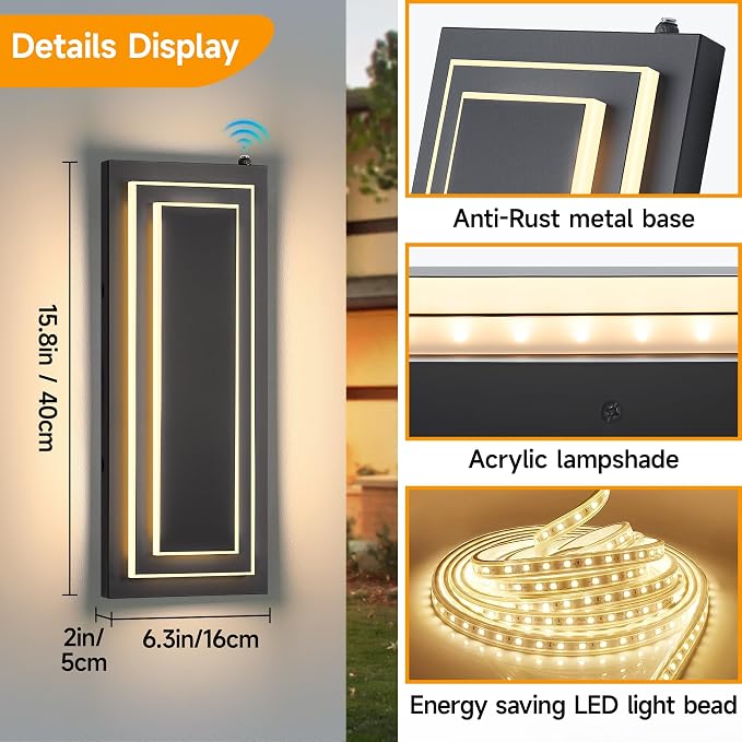 Dusk to Dawn Outdoor Wall Light,Exterior Light Fixtures 15.7 in,24W | 2-Tier Black Modern Outside Lights For House,Porch,Garage,Front Door,Patio With 3000K Warm White LEDs,Waterproof, 1 Pack