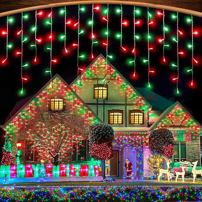 Red and Green Christmas Lights 33ft 400 LED Icicle Lights for Outside House | Connectable Twinkle String Lights with 8 Modes Timer Waterproof for Eaves Window Party Holiday Patio Yard Home Decorations