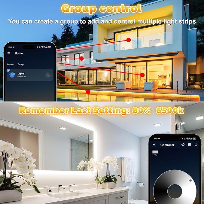 Outdoor LED Strip Lights Waterproof IP67, Dimmable 3000K-6500K Warm White LED Rope Lights Outdoor Waterproof with Remote & APP, 24v Adhesive Exterior Lighting for Patio, Deck, Gazebo (65.6FT/20M)