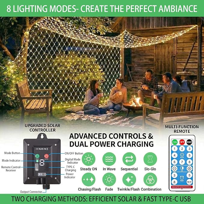 Solar Net Lights, 10x10ft 280LED Gazebo Net Lights Outdoor with 8 Modes, Solar & USB Powered Waterproof String Lights Clear Wire, Chandelier for Pergolas, Patio, Bush, Backyard Decor Warm White