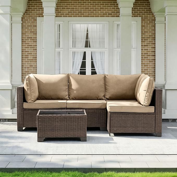 MOCHITO 5 Pcs Outdoor Patio Furniture Sets Brown Rattan Khaki Cushions | All-Weather Sectional Sofa, with Glass Table, PE Rattan Wicker Patio Furniture , Washable Cushions, for Balcony Porch Garden