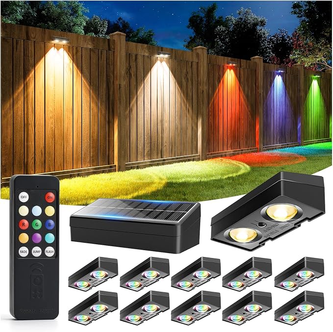 JOFIOS Fence Lights Solar Powered with Remote 12 Pack, Warm White, Cool White and RGB Color Glow LED Solar Lights Outdoor, Dusk to Dawn Solar Fence Lights for Patio, Backyard, Railing, Deck, and Wall