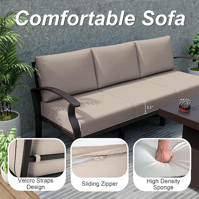 ALAULM Aluminum Patio Furniture Set with Coffee Table Rectangular, 5-seat Outdoor Sectional Furniture w/2 Swivel Chairs, Patio Conversation Set for Porch, Backyard, Poolside-Sand