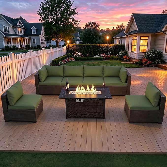 LEVELEVE 8-Piece Wicker Patio Conversation Set with 44" Propane Fire Pit Table, Cozy Outdoor Sectional Sofa for Backyard Gatherings, Poolside Lounging & Garden Parties