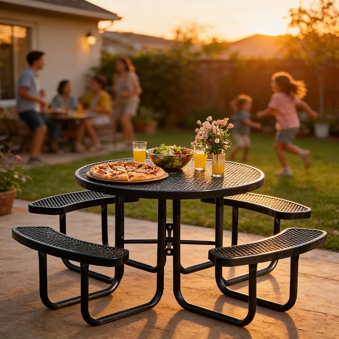 46" Round Picnic Tables for Outdoors,Commercial Metal Picnic Table Bench Set W/ Umbrella Hole,Restaurant School Canteen Tables W/Seats - Heavy Duty Sturdy Picnic Tables for Patio Garden Coffee Shop
