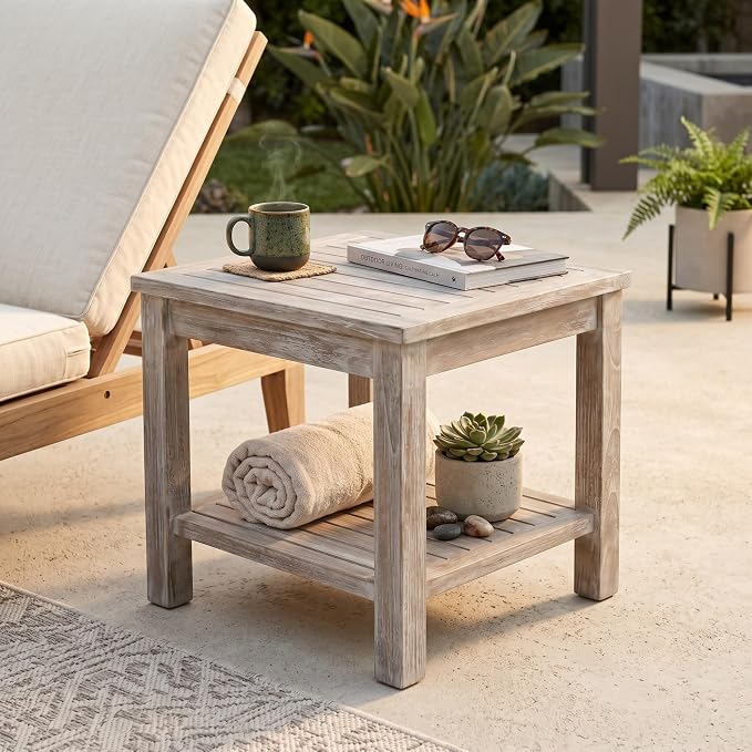 Hives & Honey Pavilion Outdoor Teak Side Table, Square 2-Tier Patio Table, Solid Grade-A Teak Wood for Deck, Porch, Balcony – Whitewash
