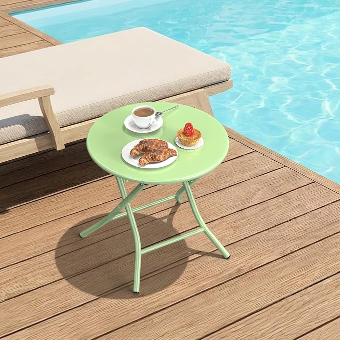 VINGLI Patio Metal Folding Side Table, Portable Small Outdoor Folding Round Table, Perfect for Indoor and Outdoor Spaces Like Balconies, Backyards, Porches, and Patios.Green（1 Pack）