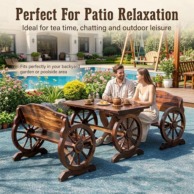 3 Pieces Patio Dining Set, Outdoor Wooden Rectangular Table and Benches,Rustic Wheel Bench Outside Furniture Set for Patio Porch,Deck, Lawn, Garden and Backyard(55in)