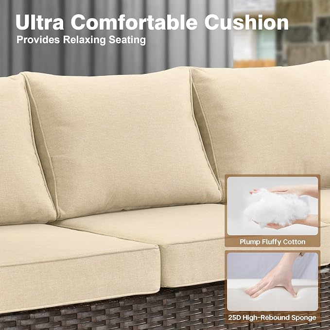ovios 5 Pieces Patio Furniture Set, Outdoor Wicker Sofa Couch with Chairs Comfy Cushions, All Weather Brown Rattan Conversation Set for Backyard Deck Porch, Beige