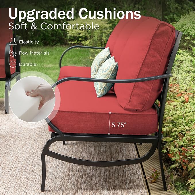 PHI VILLA 5 Piece Metal Patio Furniture Set with 5.75" Cushion, Modern Outdoor Furniture Set with 3 Seater Patio Sofa, 2 Swivel Chairs & 2 Ottoman, Deep Seat Patio Conversation Sets for Garden, Red