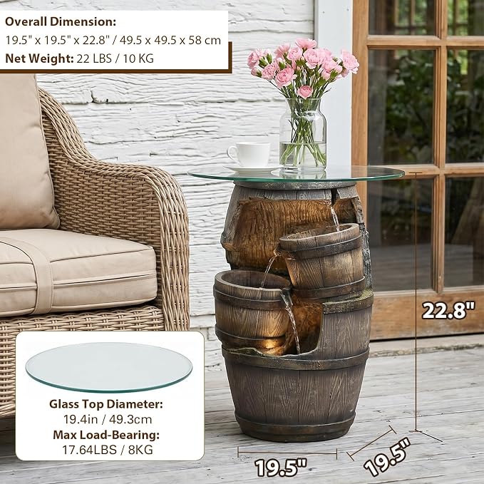 Barrel Side Table with Glass Top & 3-Tier Waterfall – 22.8" Tall Rustic Resin End Table with LED Fountain for Patio, Garden, Living Room, Home Bar