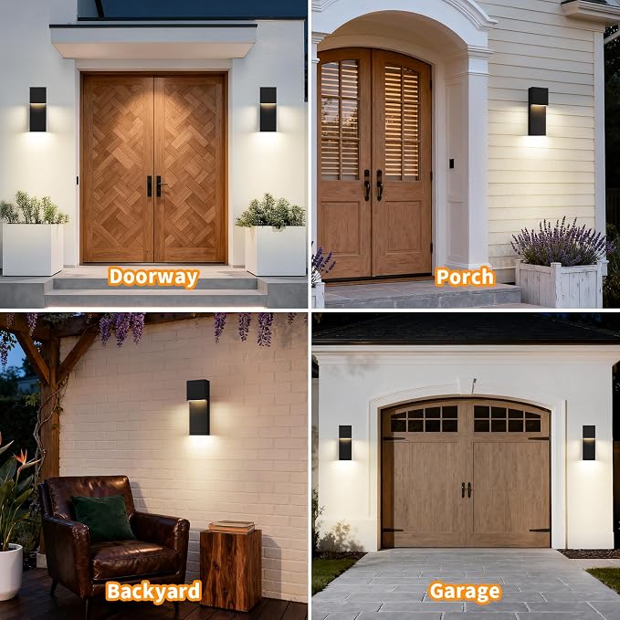 Modern LED Outdoor Wall Sconce, 15'' 20W Outdoor Light Fixtures Exterior Wall Lights, Black LED Front Porch Lights Outside Wall Mount Lighting for House, Backyard, Warm White 3000K, 2 Pack