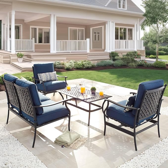 Patio Conversation Set 4 Pieces Cushioned Outdoor Furniture Sets with All Weather Frame for Porch Backyard Lawn (Navy-Blue)