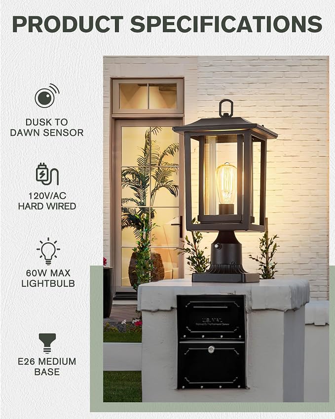 Beionxii 19Inch Dusk to Dawn Outdoor Post Lights,Lamp Post Light Fixture | Waterproof with Pier Mount Base,Anti-Rust Aluminum Lamp Posts Outdoor Lighting for Garden,Patio,Hardwired 120V,A197P-2PK/BS-N