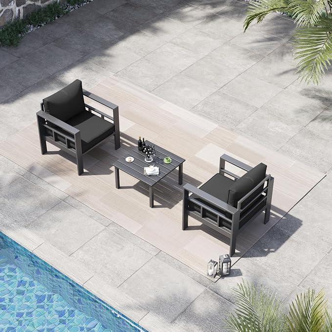 3 Piece Aluminum Patio Furniture Set, Thick Cushions, Aluminum Outdoor Sectional Conversation Set with Coffee Table for Porch, Backyard, Deck(Grey/Dark Grey)