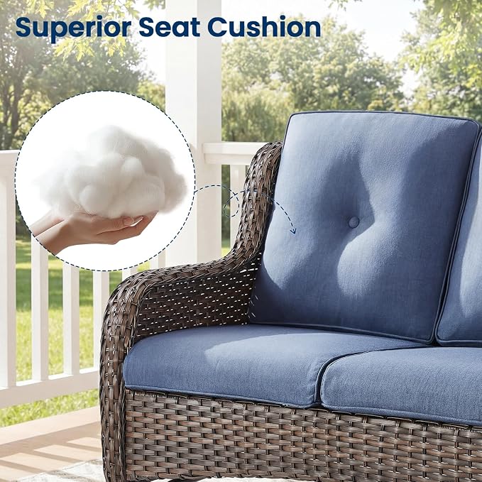 Patio Loveseat Sofa, Outdoor Wicker Loveseat with Luxury Thick Cushion, All-Weather Patio Furniture Set, Outdoor Glider Bench for Garden Balcony Backyard(Brown Wicker/Blue Cushion)