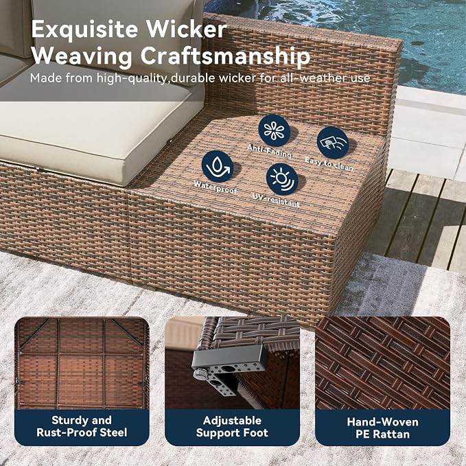 LazySunsets 12 Piece Outdoor Patio Furniture Set with 44'' Fire Pit Table, Outdoor Patio Furniture Sets with 4'' Thicken Cushion, Wicker Rattan Outdoor Conversation Set for Backyard & Garden, Beige