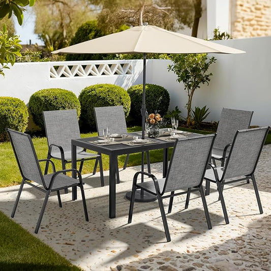 Outdoor Dining Sets for 6, Rectangular Steel Slat Table with 6 Textilene Chairs, 7 Piece Patio Table and Chairs Set with Umbrella Hole for Patio, Backyard, Poolside (Grey, No Umbrella)