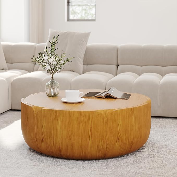 36" Round Outdoor Coffee Table Natural Waterproof Sturdy MGO Wood Texture Grain Drum Center Table for Patio Garden Backyard Living Room, No-Assembly