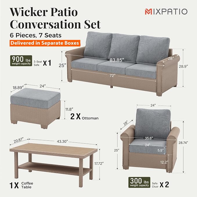 MIXPATIO Patio Furniture Set 6 pcs, Wicker Outdoor Patio Furniture, 3-Seat Sofa, 2 Single Chairs, 2 Ottomans and Coffee Table, Rattan Patio Conversation Set for Backyard Deck, Grey