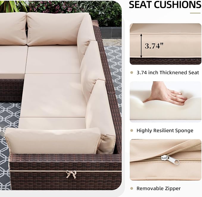 UPHA 7 Pieces Patio Furniture Sets, Wicker Outdoor Sectional Sofa Couch with Coffee Table, Patio Conversation Set for Deck Backyard Garden, Brown Rattan, Beige Cushion